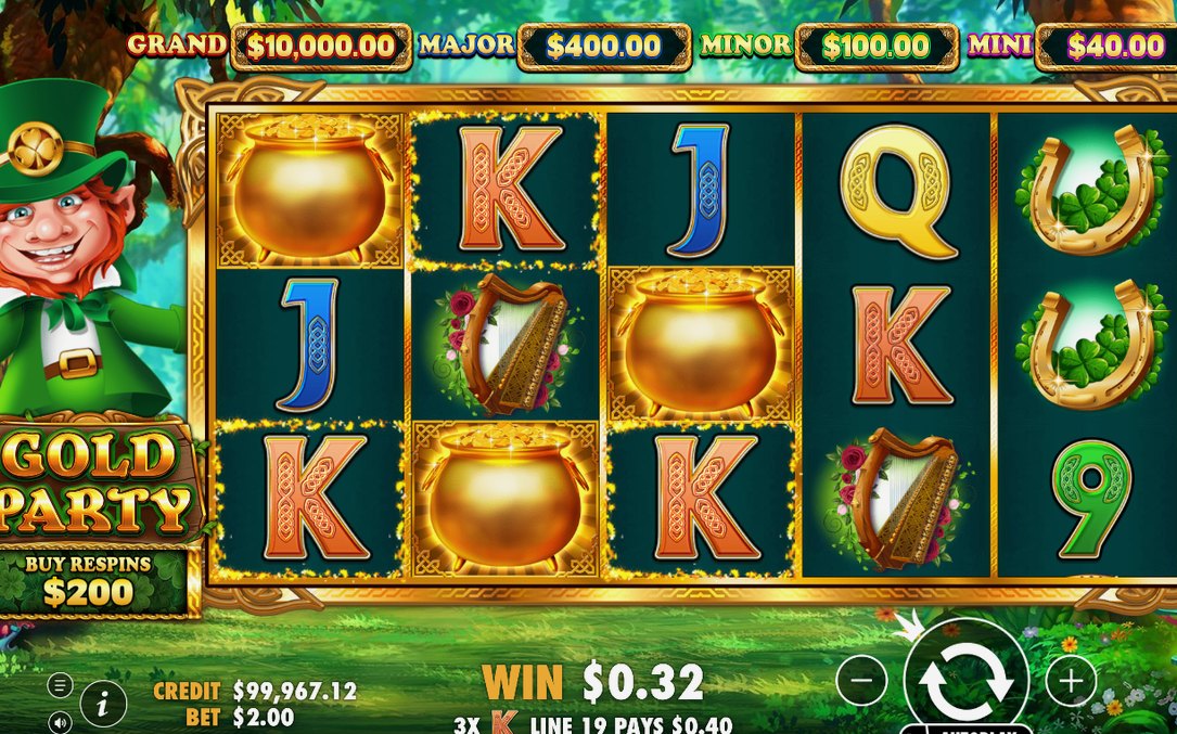 Basspelet med 5x3-rutnätet och Leprechaun-stack på hjul 1